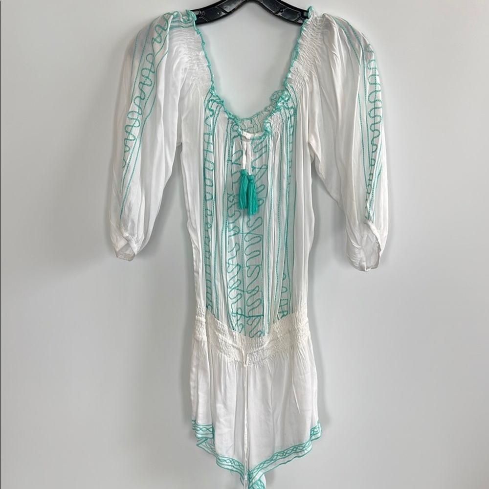 VENUS White and Teal Embroidered Romper Size Small